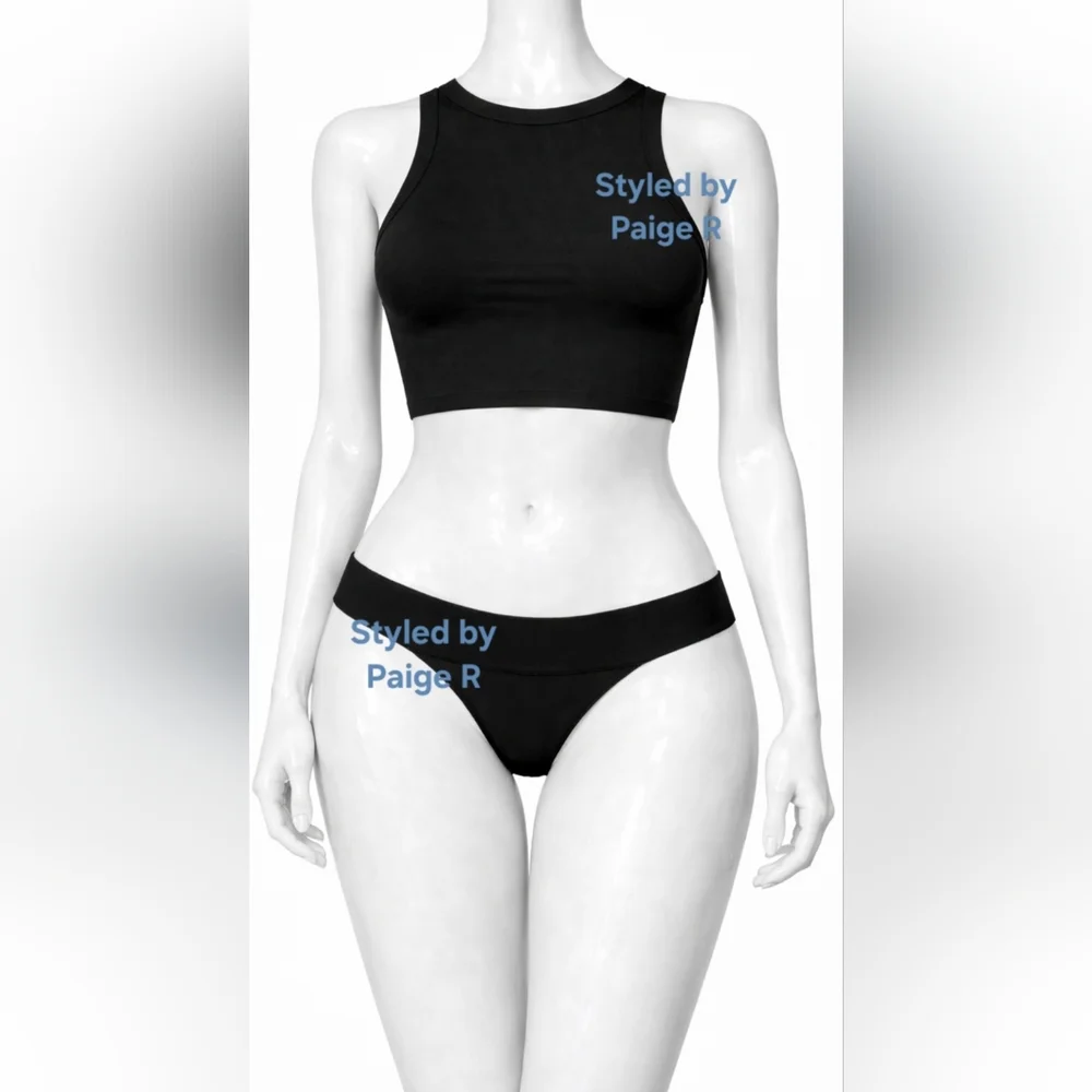 ❤️NWT SKIMS 2 Piece Knit swim high neck top & cheeky bikini Set Black ONYX 3X